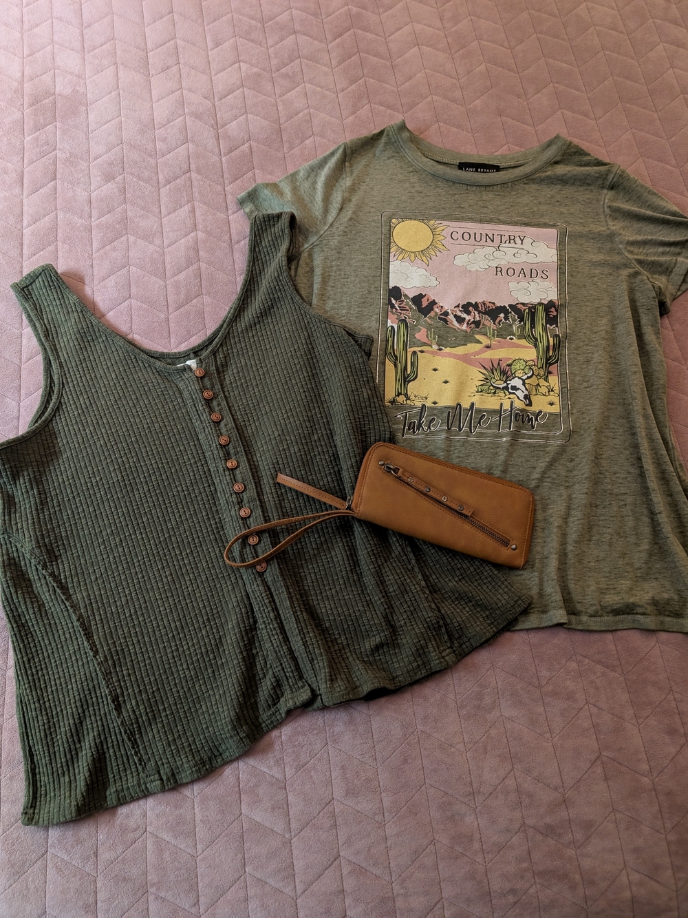 Cleo + Wolf Green Ribbed Tank, Lane Bryant Graphic Tee and Free People Wallet